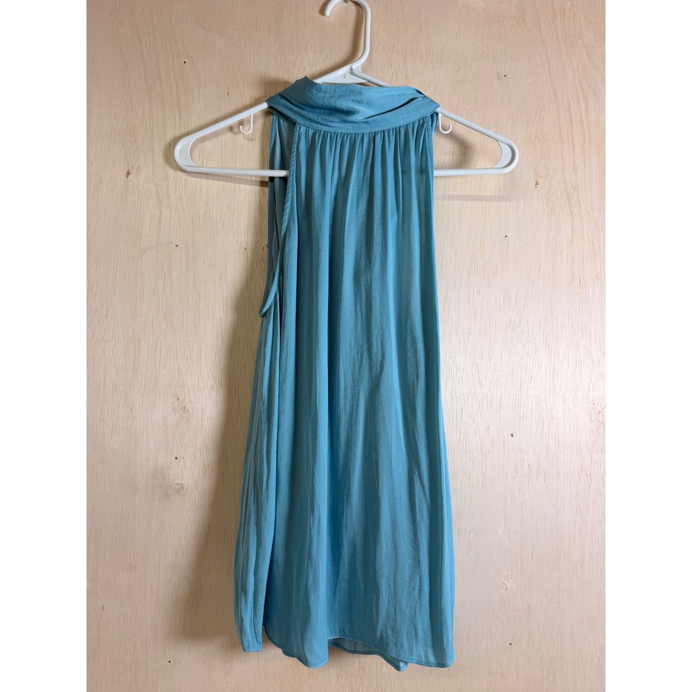 Naked Zebra Blouse Womens Medium Teal Blue Excellent Tie Back Pleated High Neck